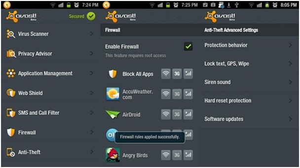 Типичное меню Avast на Android