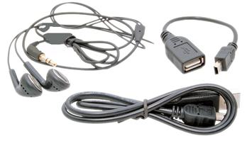Минигарнитура, зарядка, USB-кабель